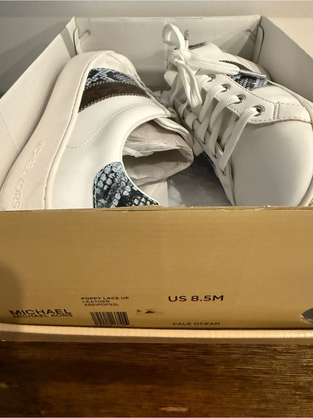 Michael Kors White Lace-Up Sneakers with Pale Ocean Snake-Print Accent